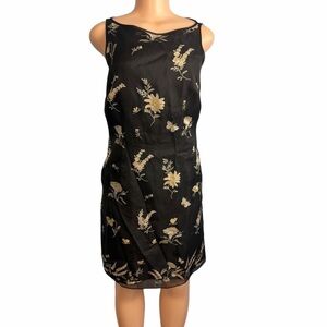 Ann Taylor Floral Embroidered Black Silk Shift Dress